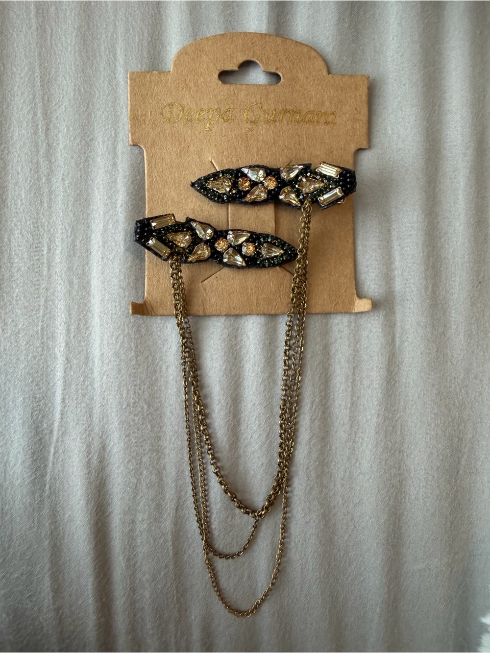 New Deepa Gurnani Black & Gold Jeweled Chain Collar or Hair Clips